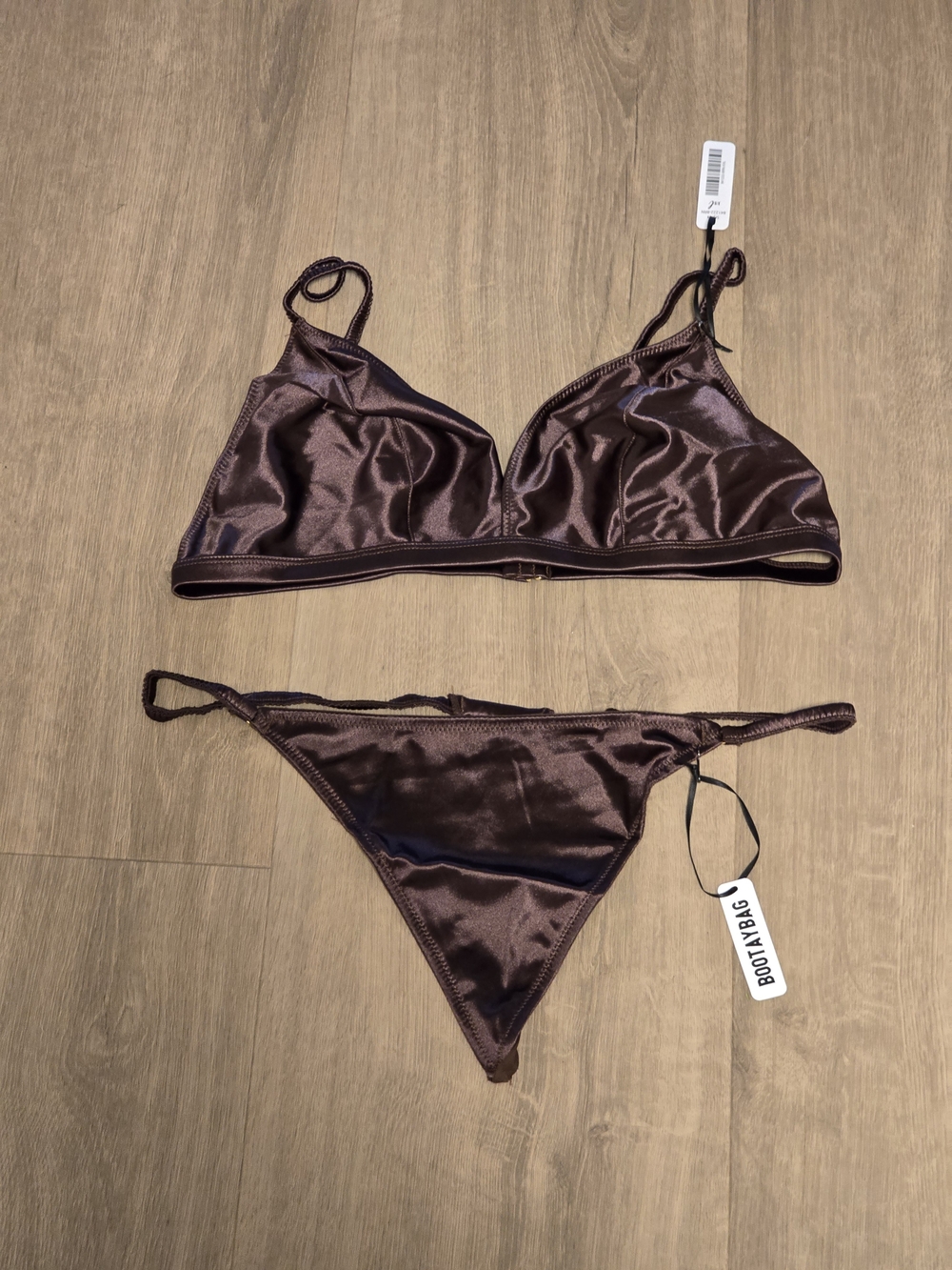 NWT BootyBag Dark Brown Satin Triangle  Set